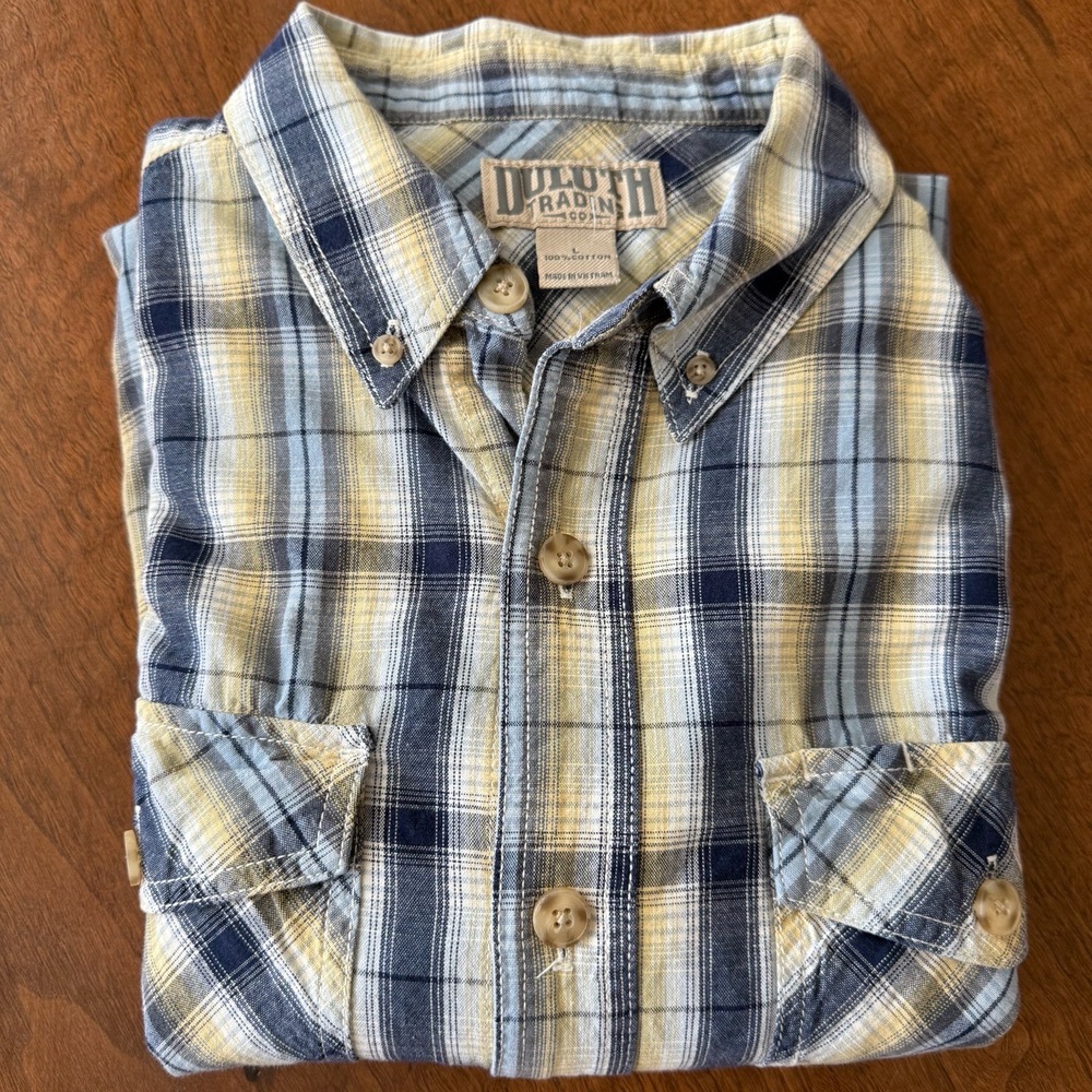 Duluth Trading Company Shirt‎ Unisex Large Blue Yellow Plaid ButtonDown Cotton